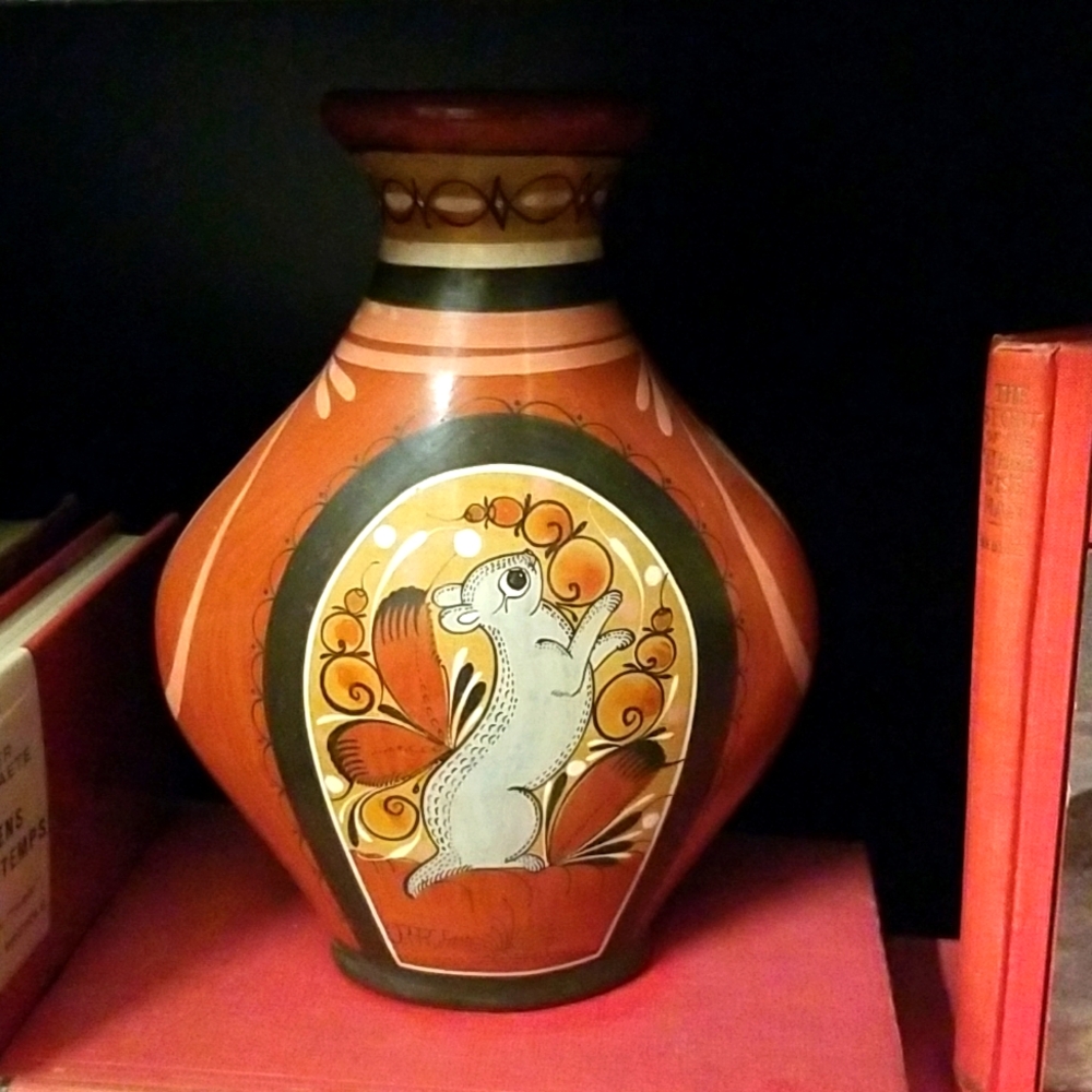Vintage Tonala Mexican Pottery Vase - Hand-Painted Squirrel Folk Art 8"